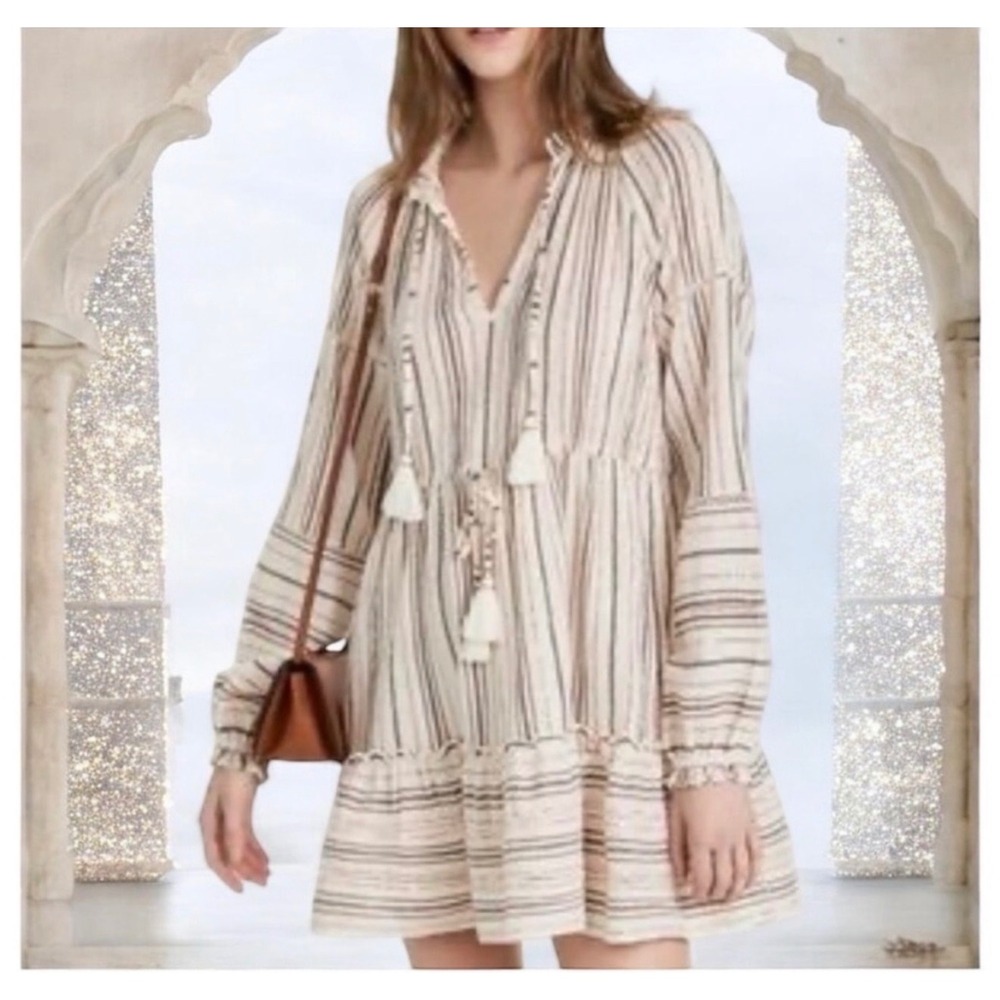 Veronica‎ Beard Danica striped long-sleeve mini dress XS cotton boho resort